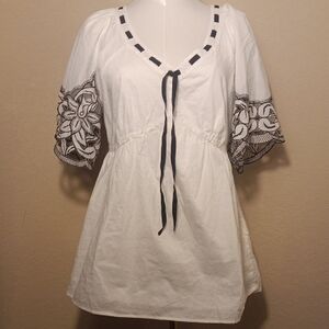 Emma James White Blouse with Black Embrodery Detailing